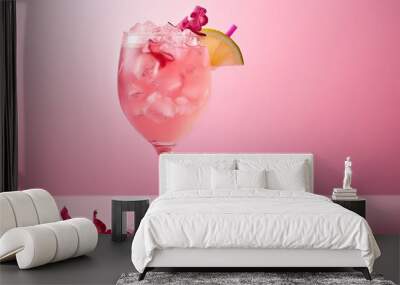 Composition with pink mocktail decorated with rose petals and blooming flowers Wall mural