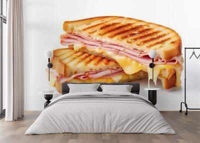 Cut cheese and ham toasted panini melt with grill marks. Isolated on white background Wall mural