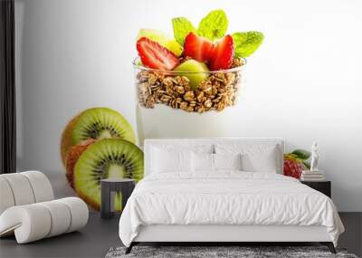 Glass of Yogurt with Granola, Strawberries, and Kiwi Wall mural