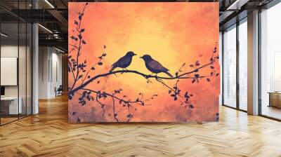 Two Birds Perched on a Branch Against a Sunset Sky Wall mural