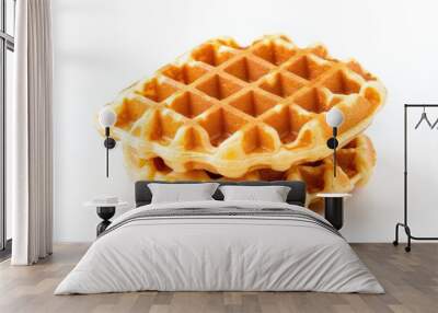 Two Golden Brown Waffles Stacked on White Background Wall mural