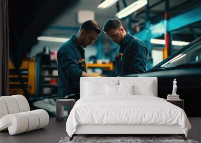 Two Mechanics Working on a Car in a Garage Wall mural