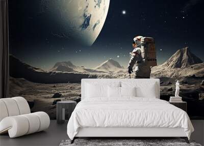 Amazed astronaut on a planet surface watches another planet. Astronaut navigating alien landscapes, embodying the spirit of space exploration. Ai generated Wall mural