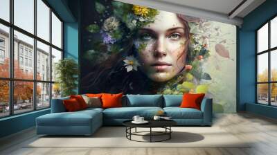 Beautiful girl symbolising Mother nature concept seamlessly merged with beautiful face portrait of a young woman. Ai generated Wall mural