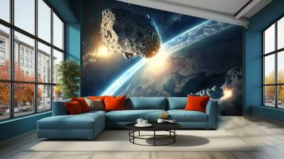 Giant Asteroid Danger Illustration. Asteroid in the space approaching Earth. Ai generated. Wall mural