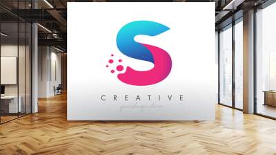 S Letter Design with Creative Dots Bubble Circles and Blue Pink Colors Wall mural