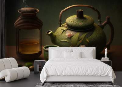 Traditional Japanese Green tea setup with beautiful lighting. Close-up details of ceramic tea pot and cups.Ai generated Wall mural