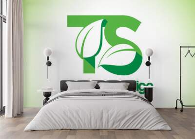 TS Green Leaf Letter Design Logo. Eco Bio Leaf Letter Icon Illustration Logo. Wall mural