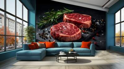 Two mouth-watering pieces of raw steak on a black stone platter, sprinkled with sea salt and garnished with a branch of rosemary. Ai generated Wall mural