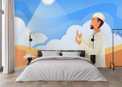 Muslims wukuf pray on Islamic hajj pilgrimage. Flat vector illustration Wall mural