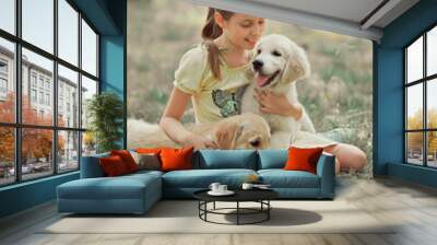 Retriever pup Lovely scene cute young teen girl enjoying posing summer time vacation with best friend dog ivory white labrador puppy.Happy airily careless childhood life world of dreams with puppies Wall mural