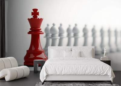 3D rendering of a red chess king piece leading a row of white pawns on a white background Wall mural