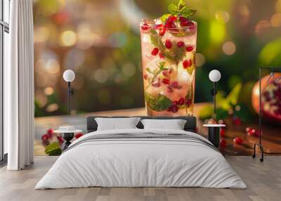 A chilled pomegranate mojito in a tall glass, with ice cubes, mint, and pomegranate arils floating inside, against a softly lit, blurred background of a tropical setting Wall mural