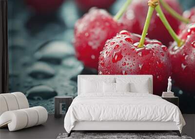 Cherries with tiny water droplets on it  Wall mural