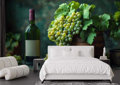 Grapes and wine bottle on a dark gray background Wall mural