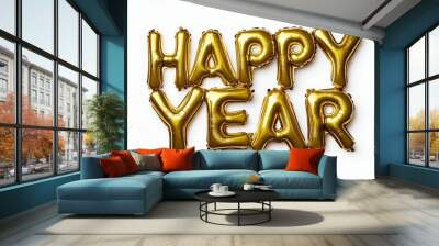 Happy Year text with gold foil party balloons on white background Wall mural