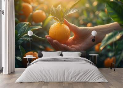 Person plucking orange from a farm of oranges Wall mural