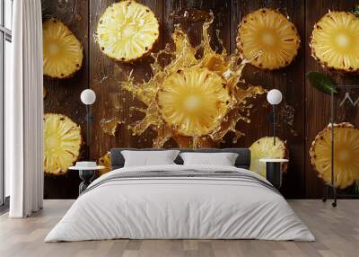 Slices of pineapple in mid-air with water droplets  Wall mural