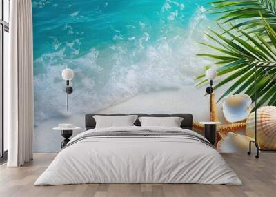 Top view of sandy beach with sea shells and starfish Wall mural