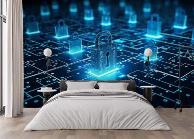 background concept of data protection and cybersecurity technology privacy. There is a key on the right hand side. against a dark blue background. Wall mural