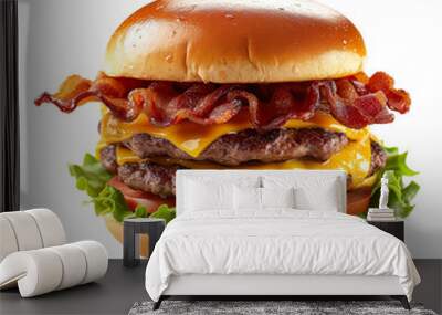 Delicious double cheeseburger with crispy bacon, fresh lettuce, tomato, and pickles, isolated on a transparent background, perfect for showcasing a classic American fast food meal with a gourmet touch Wall mural