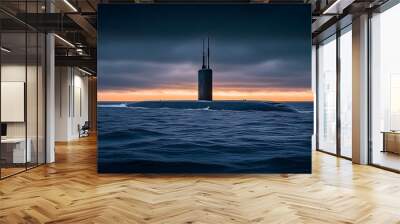 Majestic Nuclear Submarine Conning Tower Emerging from Ocean with Cloudy Sky Backdrop Wall mural