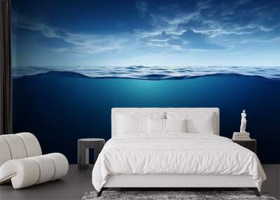 Split view horizon of blue sky with clouds and deep blue underwater ocean. Breathtaking Oceanic Panorama - with copy space to insert ads. Wall mural