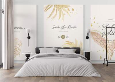 Abstract art background vector. Luxury invitation card background with golden line art flower and botanical leaves, Organic shapes, Watercolor. Vector invite design for wedding and vip cover template. Wall mural