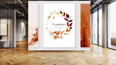 Abstract art background vector. Luxury invitation card background with golden line art flower and botanical leaves, Organic shapes, Watercolor. Vector invite design for wedding and vip cover template. Wall mural