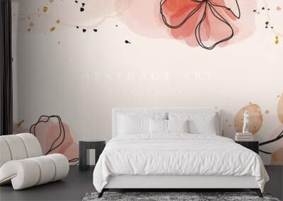 Abstract art background vector. Luxury minimal style wallpaper with golden line art flower and botanical leaves, Organic shapes, Watercolor. Vector background for banner, poster, Web and packaging.
 Wall mural