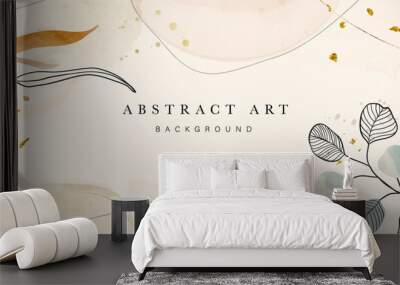 Abstract art background vector. Luxury minimal style wallpaper with golden line art flower and botanical leaves, Organic shapes, Watercolor. Vector background for banner, poster, Web and packaging. Wall mural