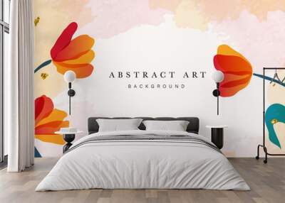 Abstract art background vector. Luxury minimal style wallpaper with golden line art flower and botanical leaves, Organic shapes, Watercolor. Vector background for banner, poster, Web and packaging. Wall mural