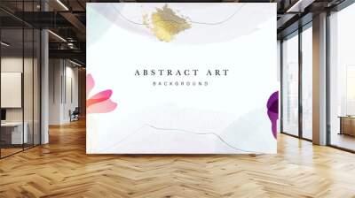 Abstract art background vector. Luxury minimal style wallpaper with golden line art flower and botanical leaves, Organic shapes, Watercolor. Vector background for banner, poster, Web and packaging. Wall mural