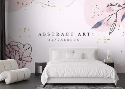 Abstract art botanical background vector . Luxury wallpaper design with women face, leaf, flower and tree  with earth tone watercolor and gold glitter. Minimal Design for text, packaging and prints. Wall mural