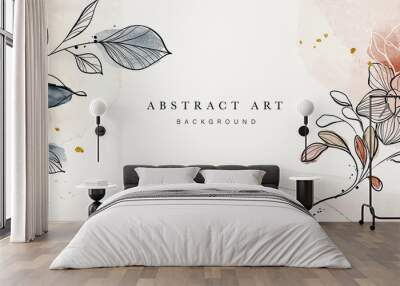 Abstract art botanical background vector. Luxury wallpaper design with women face, leaf, flower and tree  with earth tone watercolor and gold glitter. Minimal Design for text, packaging and prints. Wall mural