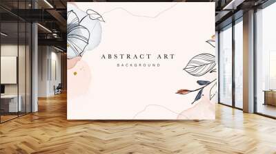 Abstract art botanical background vector. Luxury wallpaper design with women face, leaf, flower and tree  with earth tone watercolor and gold glitter. Minimal Design for text, packaging and prints. Wall mural