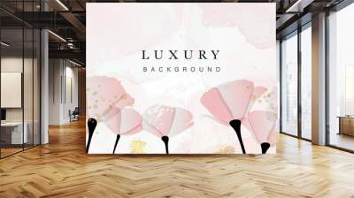 Abstract art flower background vector. Luxury minimal style wallpaper with golden line art floral and botanical leaves, Tulip, rose, Spring growing flowers and Organic shapes watercolor.  Wall mural