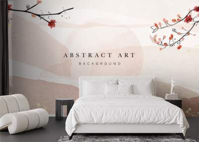 Abstract art mountain and flower background vector. Luxury Gold oriental style wallpaper with cherry blossoms and branches in the foreground. and followed by the backdrop of mountains and the sun. Wall mural