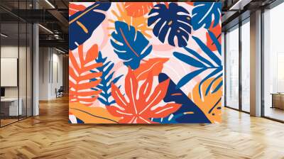 Abstract background vector with tropical leaves  and floral line arts. Creative pattern with hand drawn shapes. Design background for social media post, cover, print and wallpaper Wall mural