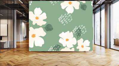 Abstract floral in seamless pattern background. White flowers, flower petals, blooms, leaves on green wallpaper. Blossom fabric pattern with watercolor texture for banner, prints, packaging. Wall mural