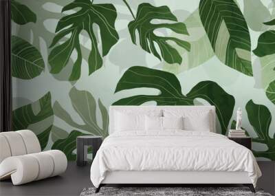 Abstract foliage and botanical background. Green tropical forest wallpaper of monstera leaves, palm, branches in hand drawn pattern. Exotic plants background for banner, prints, decor, wall art. Wall mural