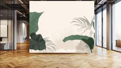 Abstract foliage and botanical background. Green tropical forest wallpaper of monstera leaves, palm, branches in hand drawn pattern. Exotic plants background for banner, prints, decor, wall art. Wall mural