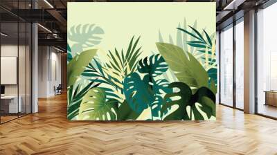 Abstract foliage and botanical background. Green tropical forest wallpaper of monstera leaves, palm, branches in hand drawn pattern. Exotic plants background for banner, prints, decor, wall art. Wall mural