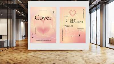 Abstract gold gradient liquid cover template. Set of modern poster with vibrant graphic color, hologram, heart bubbles, star elements. Elegant style design for brochure, flyer, wallpaper, banner. Wall mural