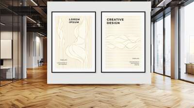 Abstract golden line cover template. Gold wave line pattern in minimal dynamic design on warm tone background. Luxury and elegant poster template suitable for prints, wallpaper and interior. Wall mural