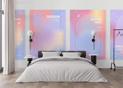 Abstract gradient fluid liquid cover template. Set of modern poster with vibrant graphic color, hologram, circle bubbles, star elements. Minimal style design for brochure, flyer, wallpaper, banner. Wall mural