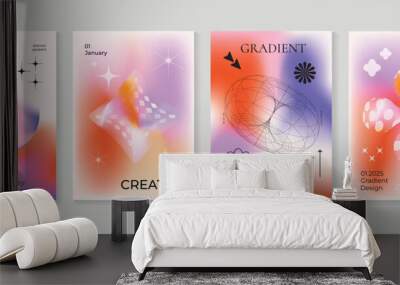 Abstract gradient fluid liquid cover template. Set of modern poster with vibrant graphic color, hologram, circle bubbles elements. Minimal style design for brochure, flyer, wallpaper, banner. Wall mural