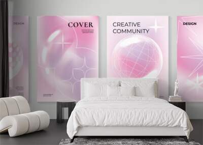 Abstract gradient fluid liquid cover template. Set of modern poster with vibrant graphic color, hologram, circle bubbles elements. Minimal style design for brochure, flyer, wallpaper, banner. Wall mural