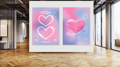 Abstract gradient Y2K style template cover vector set. Happy Valentine's Day decorate with trendy gradient heart vibrant y2k colorful background. Design for greeting card, fashion, commercial, banner. Wall mural