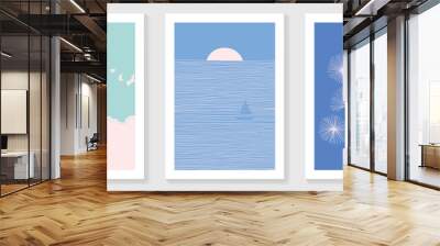 Abstract line art sea wall art template. Blue tone wall decoration with birds, sunset, cloud, sky and boat in minimal style. Ocean painting for summer season, wall decoration, interior, wallpaper. Wall mural